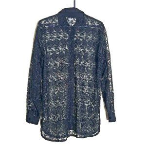 FAITH Large Black Embroidery Beaded Floral Shirt Sheer Button Long Sleeve